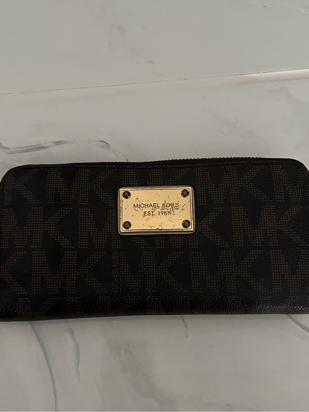 Michael Kors Brown /Brown MK Logo Zip Wallet with Gold Plaque